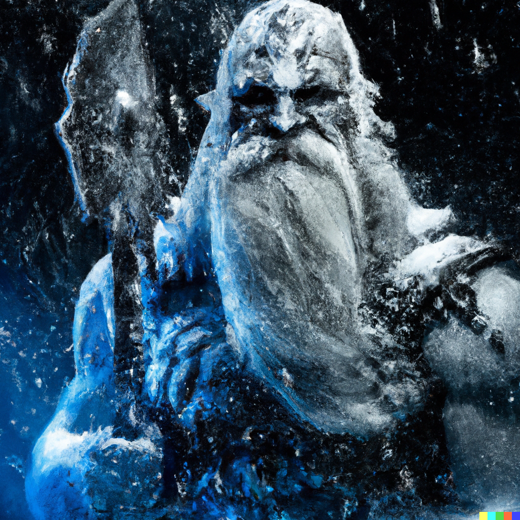 An old warrior giant wrinkled and mean with frost beard and giant frost axe lit face in dark background.png